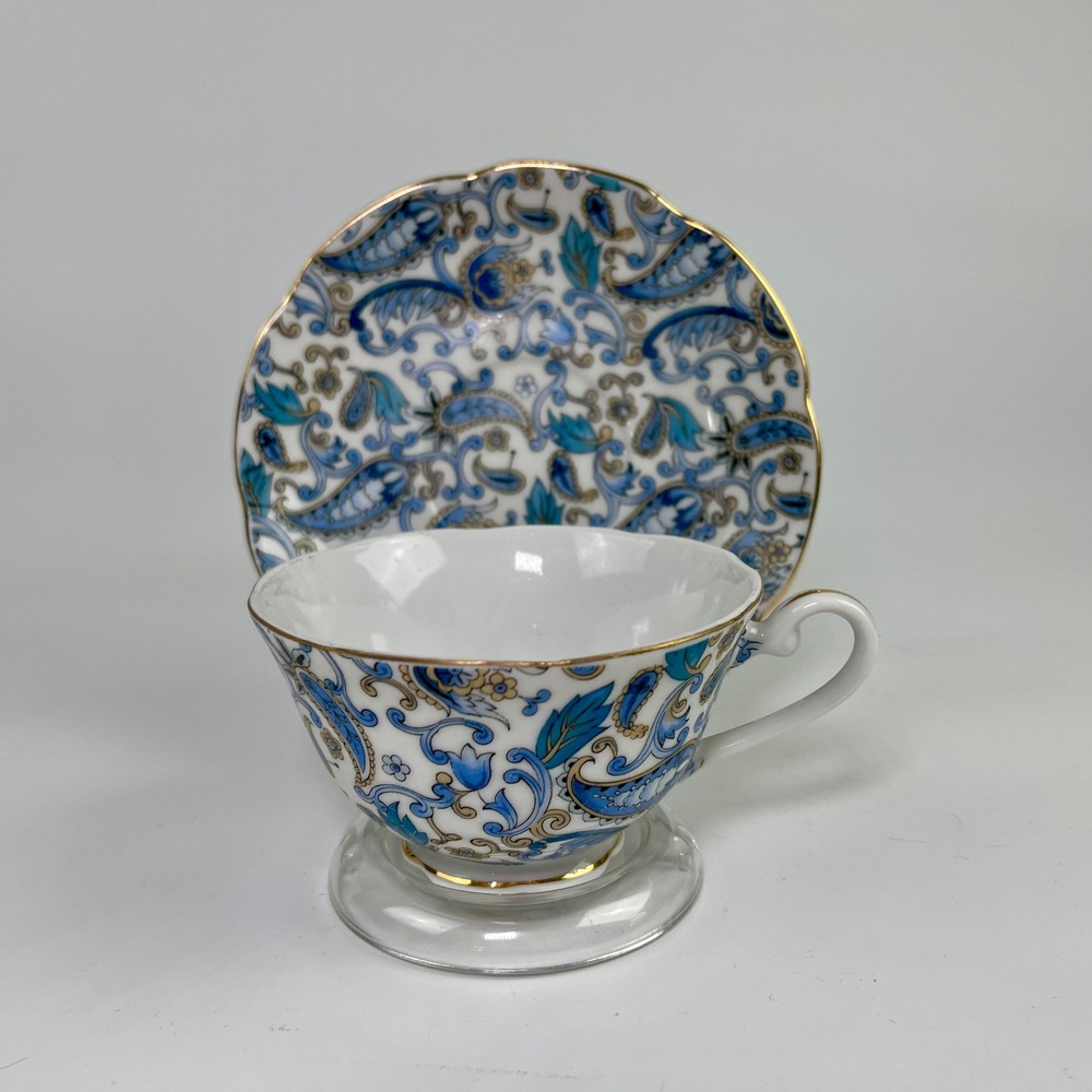 Lefton China Blue Paisley Teacup and Saucer‎ Set Hand Painted Gold Trim 2339